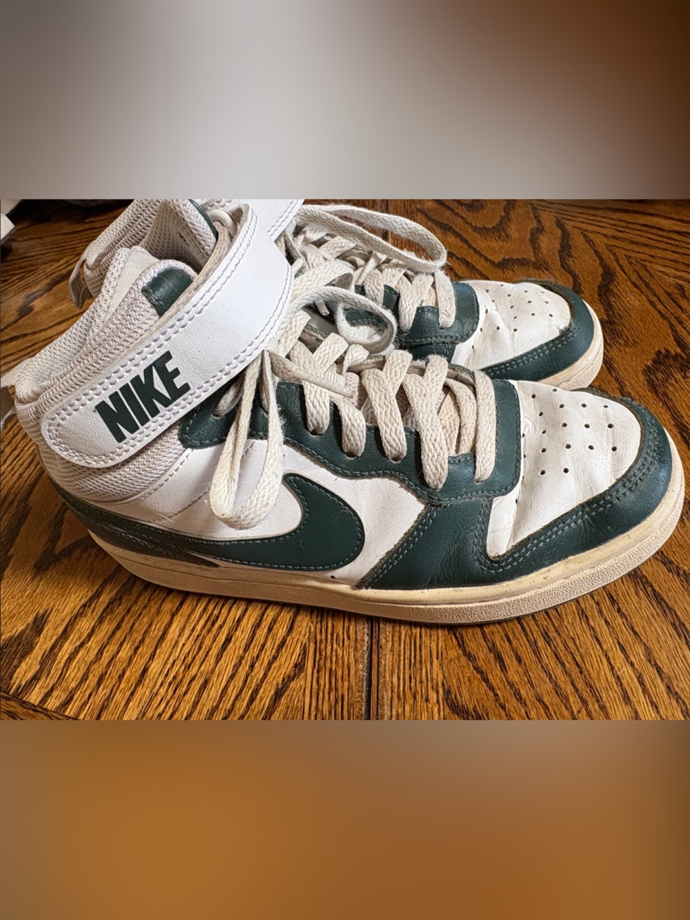 Nike Kids White and Green High-Top Sneakers with Strap